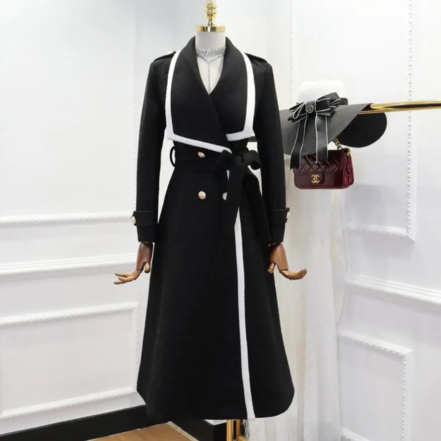 Новинка зимы, модное женское Шерстяное Пальто хитового цвета с отложным воротником, приталенное двубортное шерстяное пальто с поясом