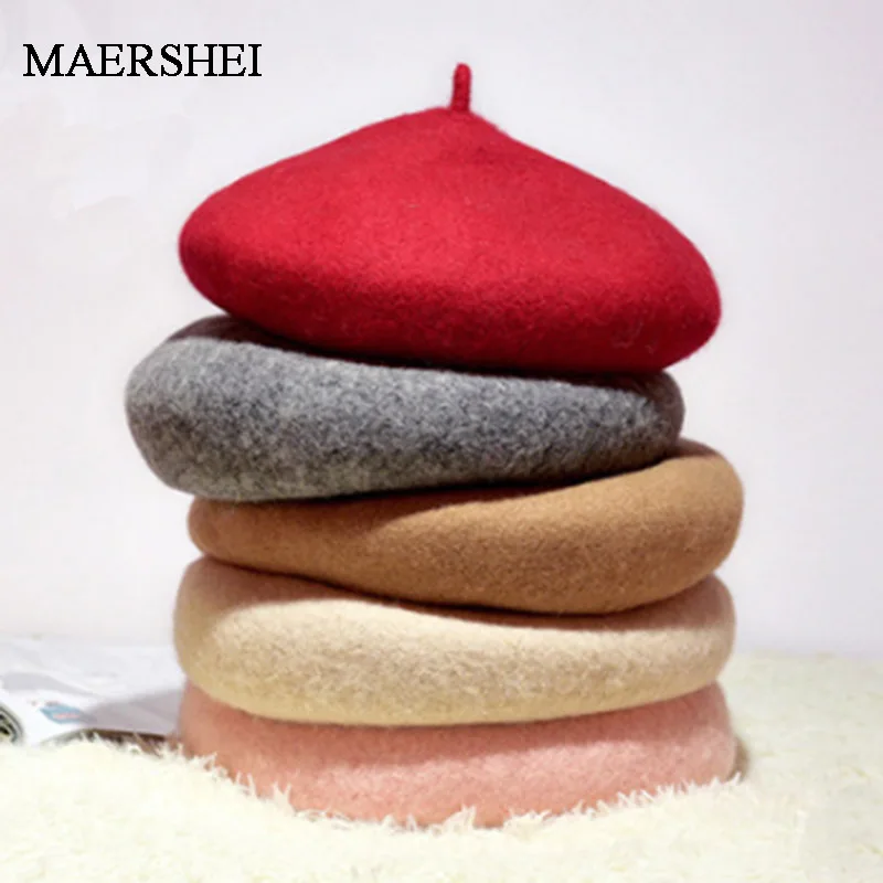 MAERSHEI Lady spring Winter Berets Hat Painter style Women Wool Vintage Berets Solid Color Caps Female Bonnet Warm Walking Cap