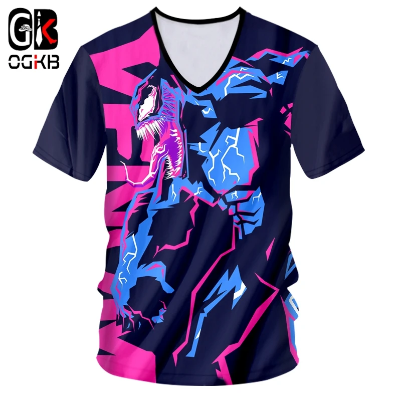 

OGKB Summer V Neck T Shirts Male Short 3D Tee Shirt Printed Monster Alien Casual 5XL 6XL Garment Homme T-shirt