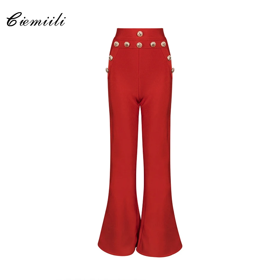 

CIEMIILI Elegant Button High Waist Bandage Flare Women Pants 2018 New Arrival Celebrity Night Out Stylish Sexy Party Solid Pants