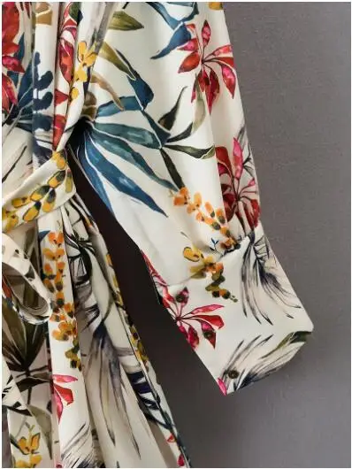 Винтажная рубашка-кимоно с v-образным вырезом, цветочным принтом и листьями, с поясом, Ретро стиль, новинка, длинный кардиган с разрезом по бокам, блузка, топы, femme