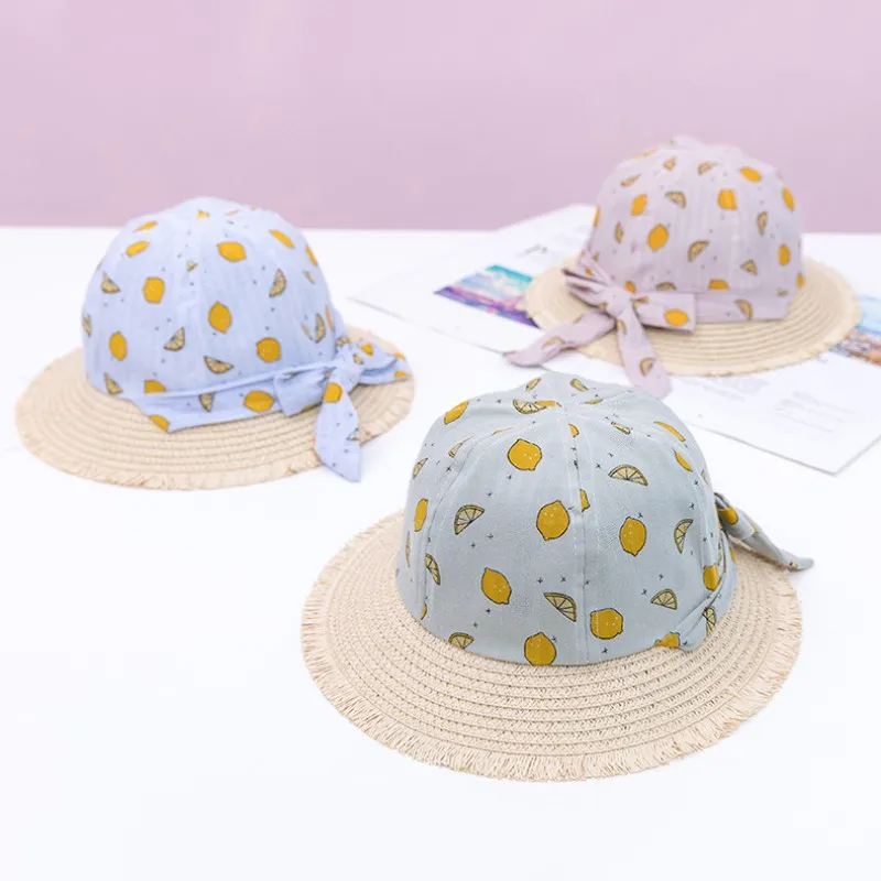 High Quality Hot New Kids Girls Fruit Printed Bowknot Straw Beach Cap Summer New Shade Child Hat