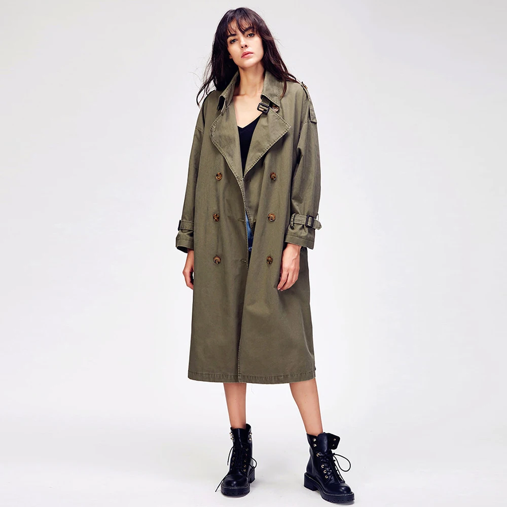 

Women's Casual Trench Coat Oversize Double Breasted Vintage Washed Outwear Loose Clothing 2018 Autumn New