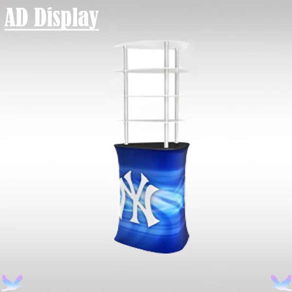 

Premium Trade Show Booth Tension Fabric Triangular Counter With Acrylic Display Shelves,Exhibition Advertising Promotion Table