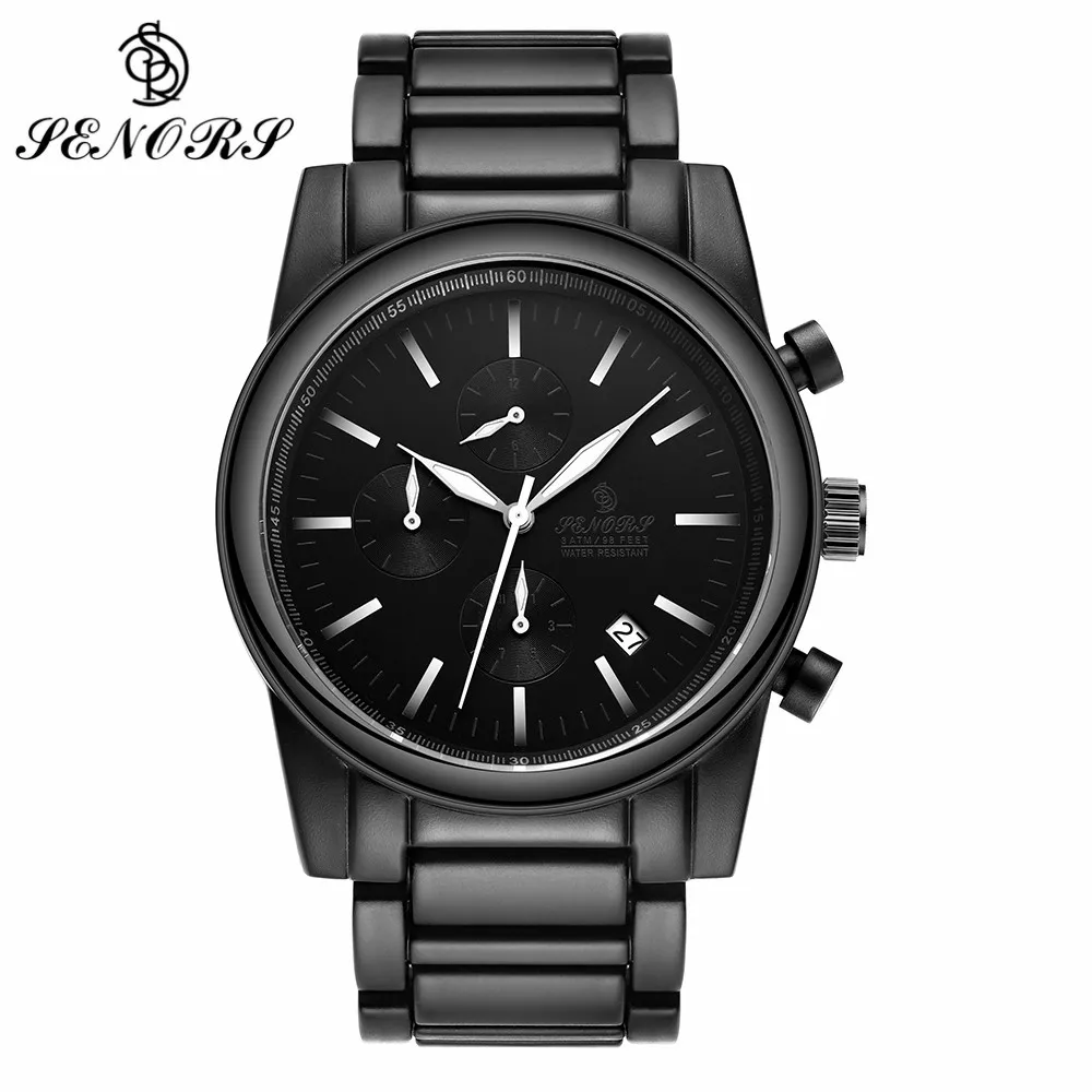 

SENORS Black Steel Quartz Watch For Men Auto Date Heavy Bracelet Watchbands Bussiness Waterproof Luminous Male Wristwatch SN105
