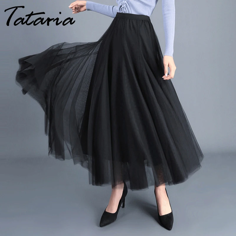 

Tataria Women High Waist A-line Pleated Ankle-length Skirt Casual Elegant Long Skirt Women Vintage Work Stretchy Office Skirt