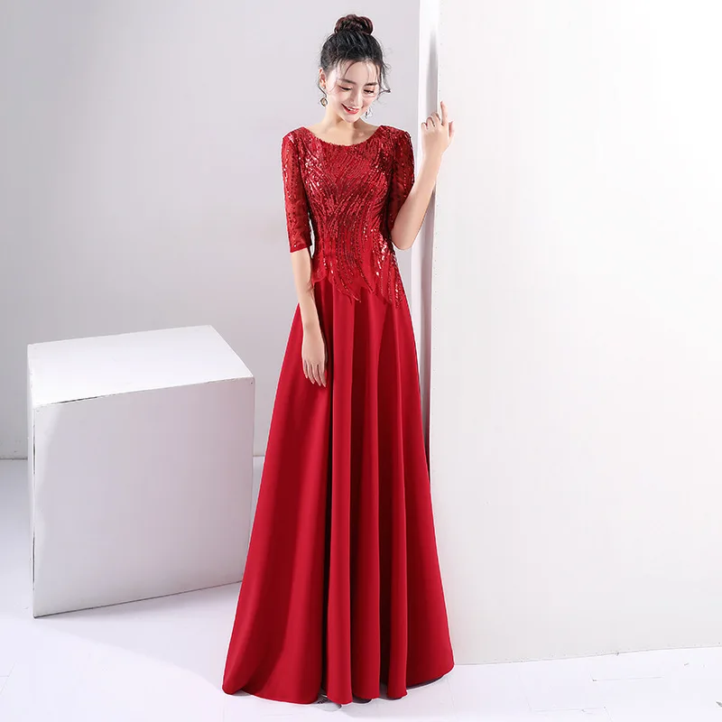 Luxury Prom Long Elegant Dresses Half Sleeves Gold Black Red Sequin Lace Formal Pageant Party Evening Gowns - Цвет: Красный