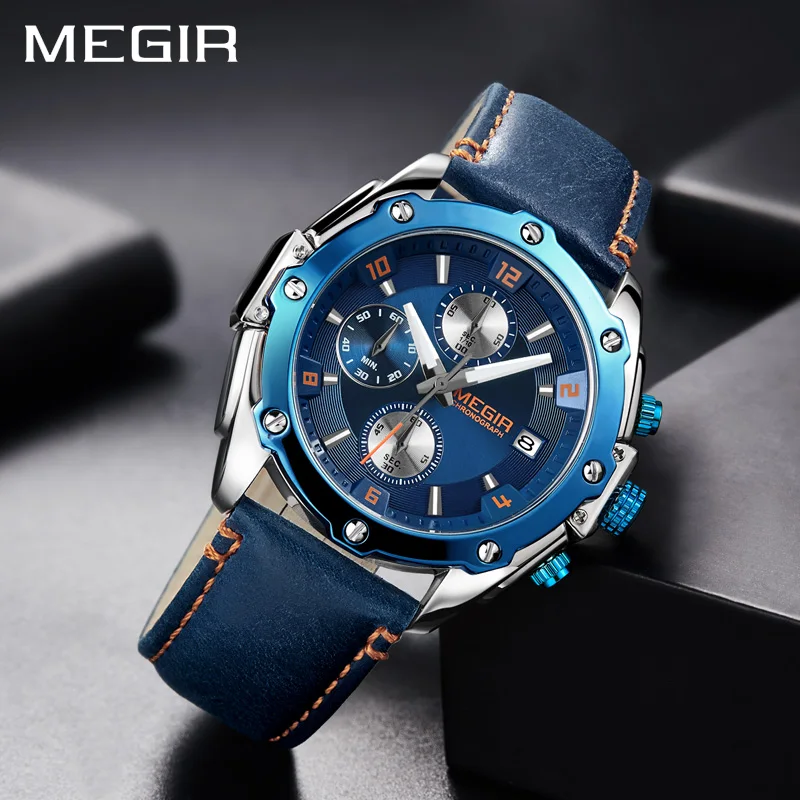 MEGIR Chronograph Men Watch Relogio Masculino Blue Leather Business Quartz Watch Clock Men Creative Army Military Wrist Watches