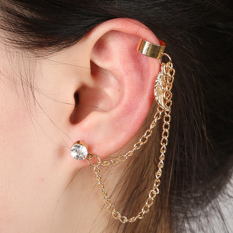 wing earring Punk Inlaid Rhinestones Zinc Alloy Ear Cuff Popular Chain Wing Crystal Jewelry Long Tassel Party Clip Earring