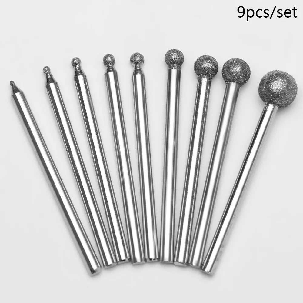

9Pcs/Set Diamond Grind Needle Head Cutter Jade Carve Tools Engrave Rotary Spherical Burr Tool 3mm Shank Round Ball