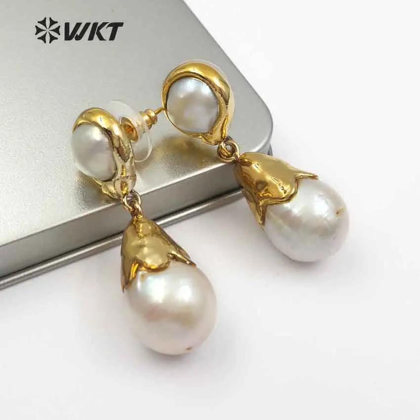 

WT-E470 New arrival Beautiful Water drop Special Design Classic Natural baroque pearl Earring with full gold For women jewelry
