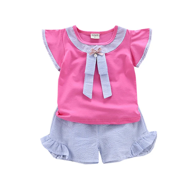 

Summer Baby Girls Clothes Casual Flare Sleeve T-shirt Tops With Bowknot Design+Striped Shorts Suits Costume Set