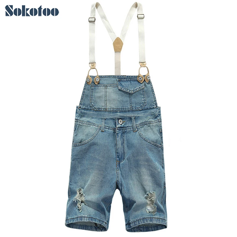 

Sokotoo Men's holes denim overalls for summer Light blue Korean style jeans Jumpsuits Shorts for man Breeches Capri Bib pants