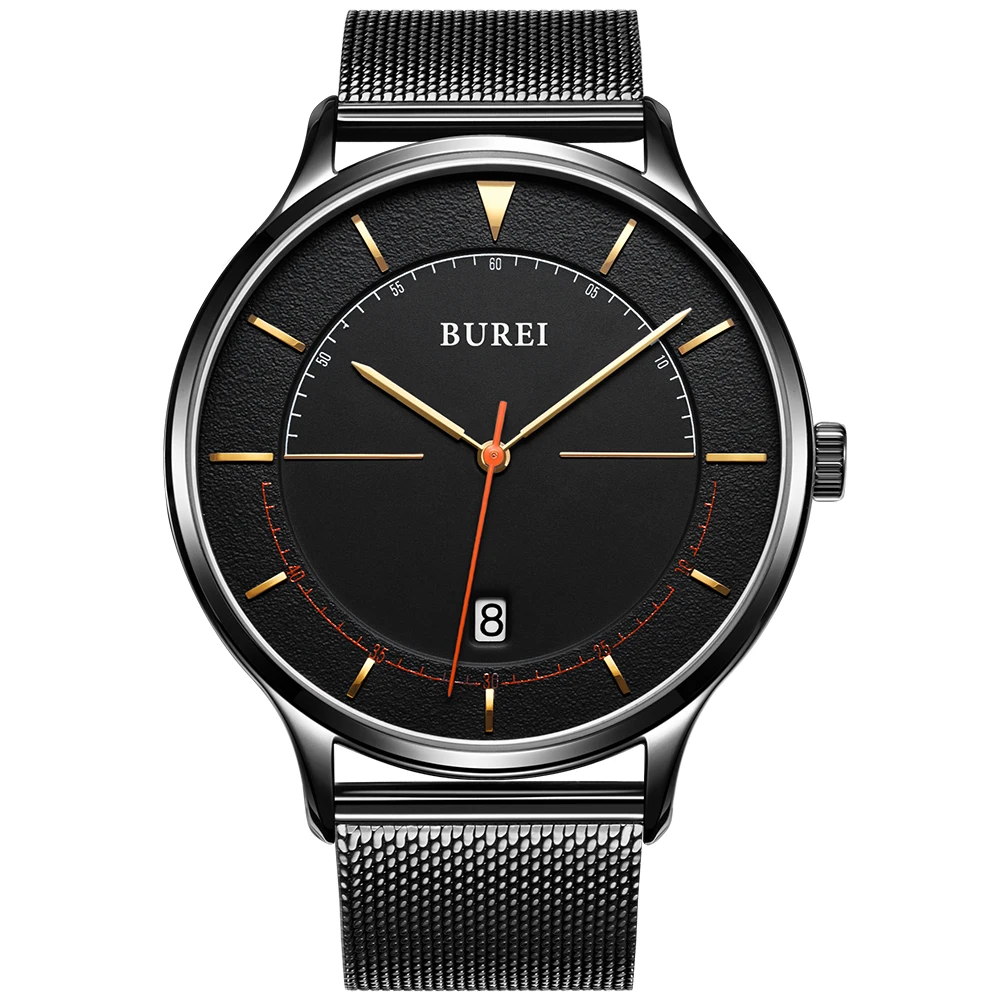 

BUREI Unisex Quartz Slim Minimalist Designer Watches with Date Mineral Crystal Milanese Mesh Strap