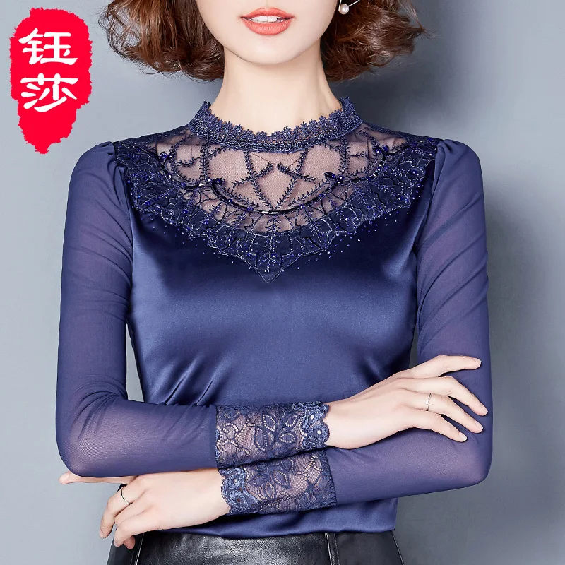 

2018 Long Sleeve Lace Deco Satin T-shirts Women Slim Body Embroidery Lace Satin T-shirts Women Body Long Sleeve Satin Tops