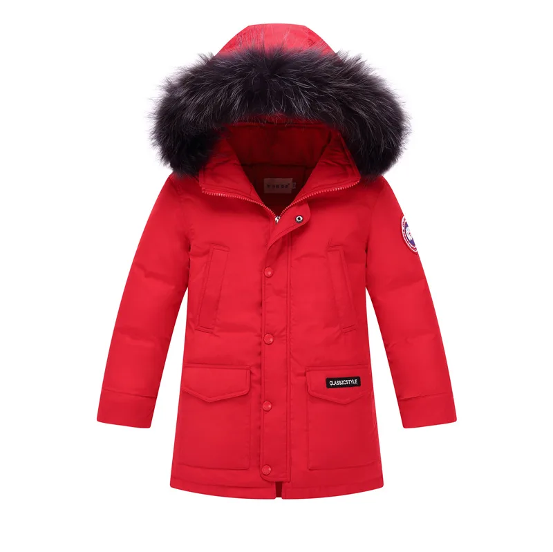 Детская куртка, зимнее пуховое пальто из гусиного пуха для мальчиков, зимняя детская одежда с капюшоном и натуральным мехом, парки для больших мальчиков 8, 10, 12, 14 лет - Цвет: Красный