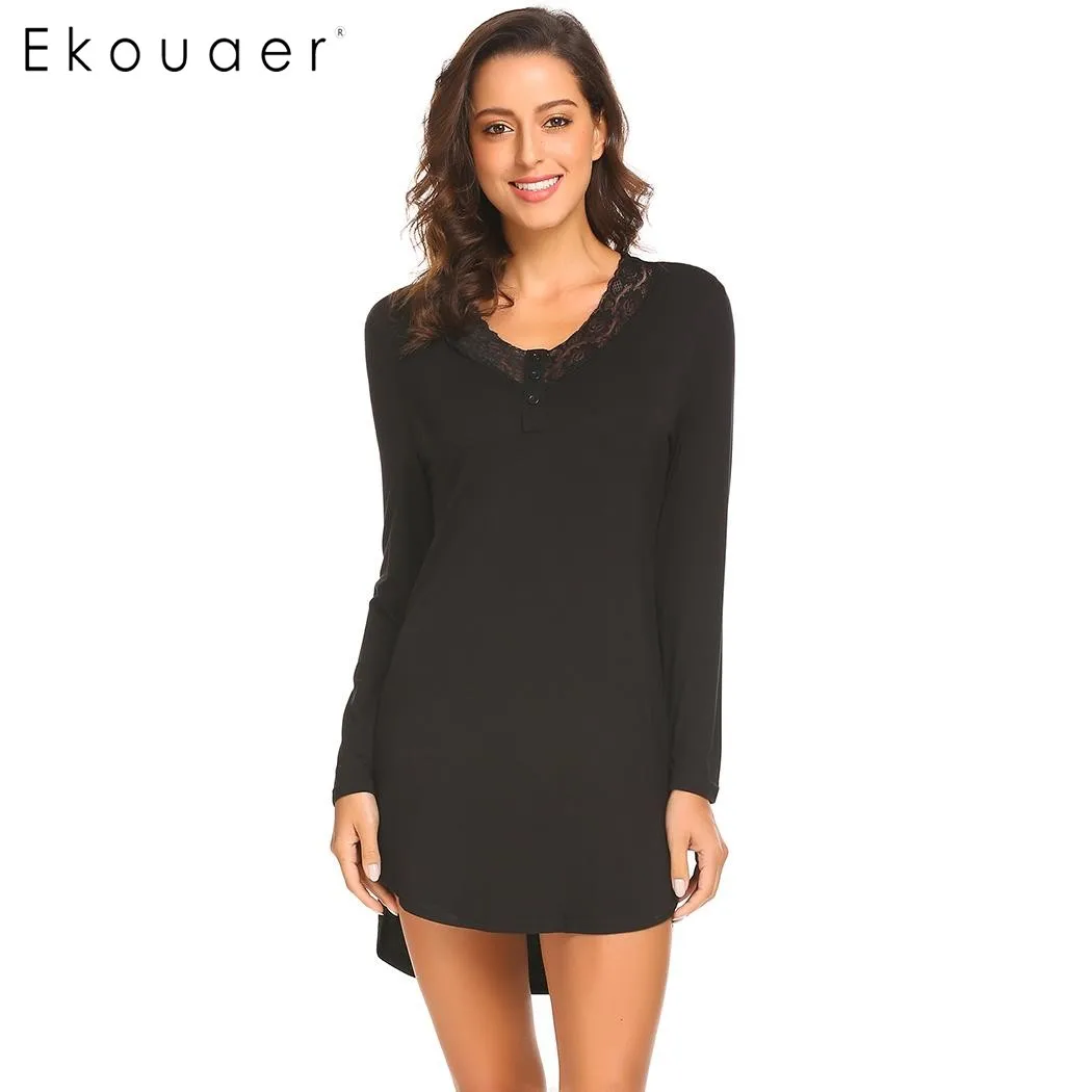 Ekouaer Women Nightdress Sleepwear V Neck High Low Long Sleeve ...