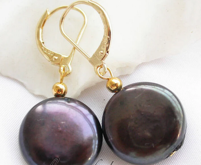 

hj 00342 WOW 14mm black coin freshwater pearl dangle earring 14k