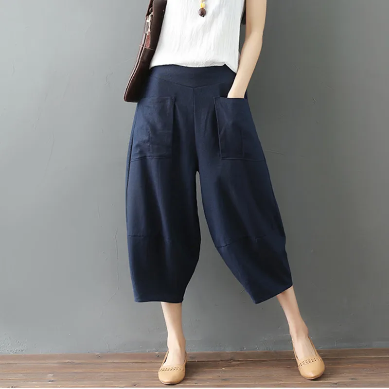 #0656 Summer Casual Cotton Linen Wide Leg Pants Women Front Pockets Elastic Waist Calf-length Plus Size Harem Pants Female Loose #0656 Summer Casual Cotton Linen Wide Leg Pants Women Front Pockets Elastic Waist Calf-length Plus Size Harem Pants Female Loose