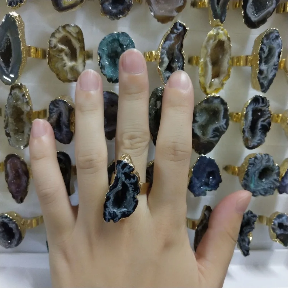 Нерегулярный натуральный камень Druzy Knuckle кольцо Регулируемый Drusy Золото Цвет Кристалл Открытые, кольца на палец для женщин Свадебные украшения