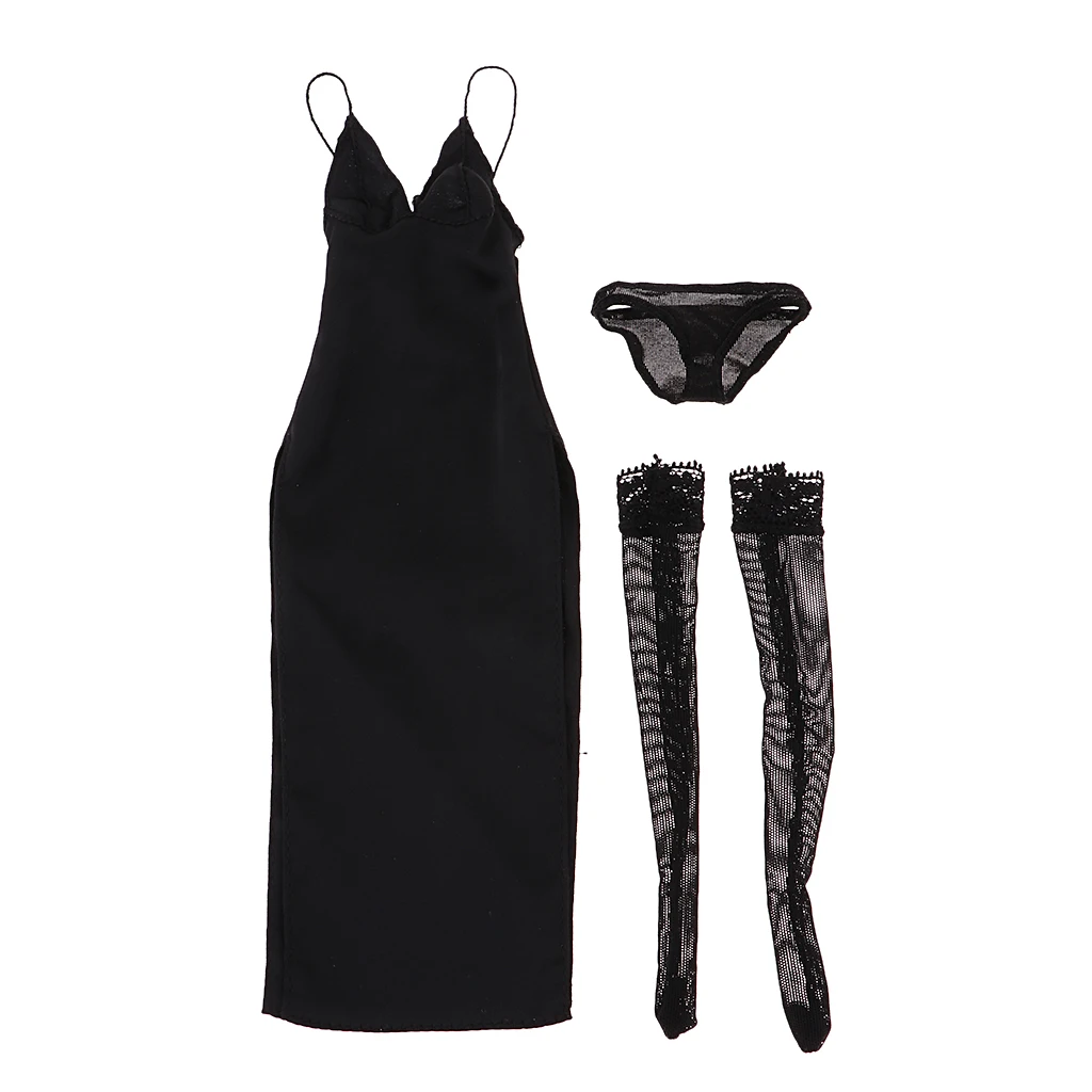 MagiDeal 1/6 ZY5025 Deep V Black Long Evening Dress Stockings Set for 12inch Female Figure Body Doll Accessories