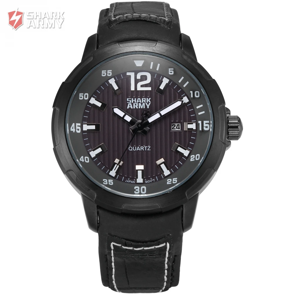 

Shark Army Brand Black Dial Auto Date Display Leather Strap Male Military Wristwatches Men Sport Quartz Breitling Watch/ SAW153