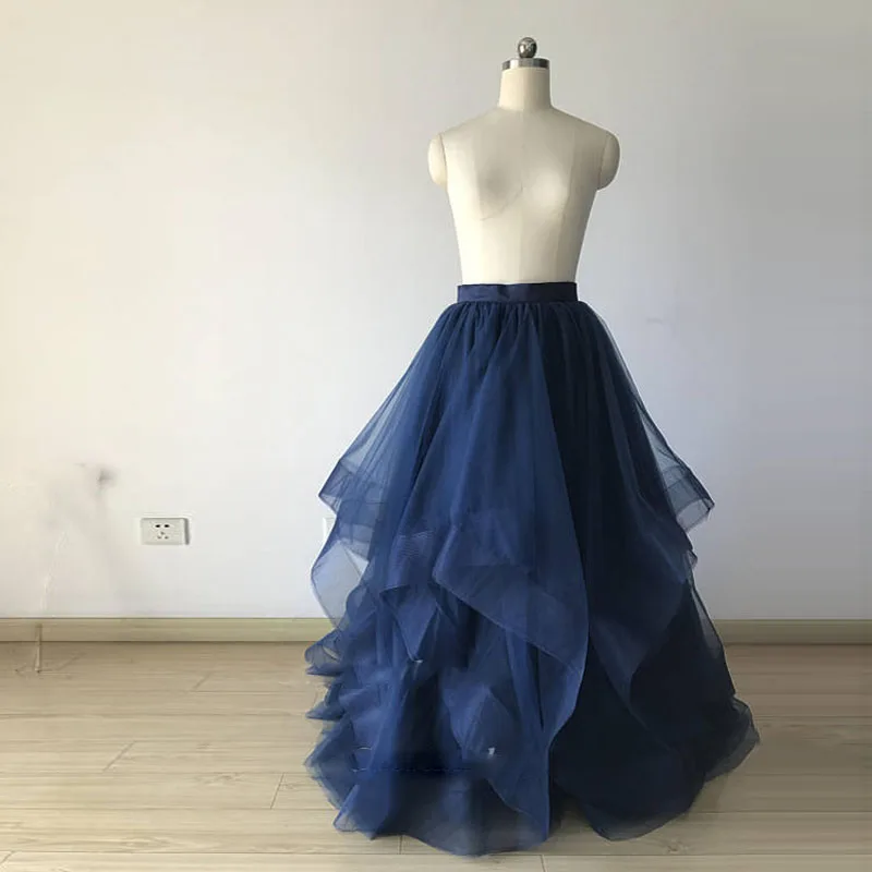 

High End Navy Blue Ruffles Long Skirts For Bridal To Photoshoots 2018 Custom Made Puffy Ball Gowns Tulle Skirt Women Saias