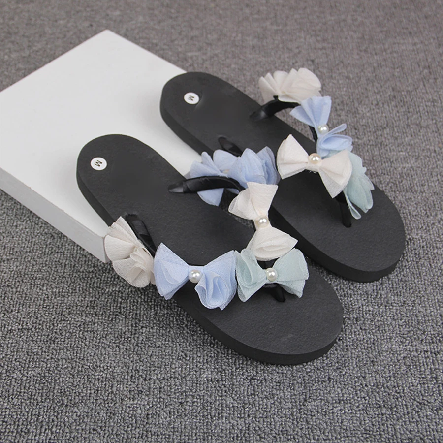 

Fashion Yarn Bowknot Flip Flops Terlik Summer Flat Slippers Women Beach Flip Flops Chanclas Bare Feet Flat Woman Shales