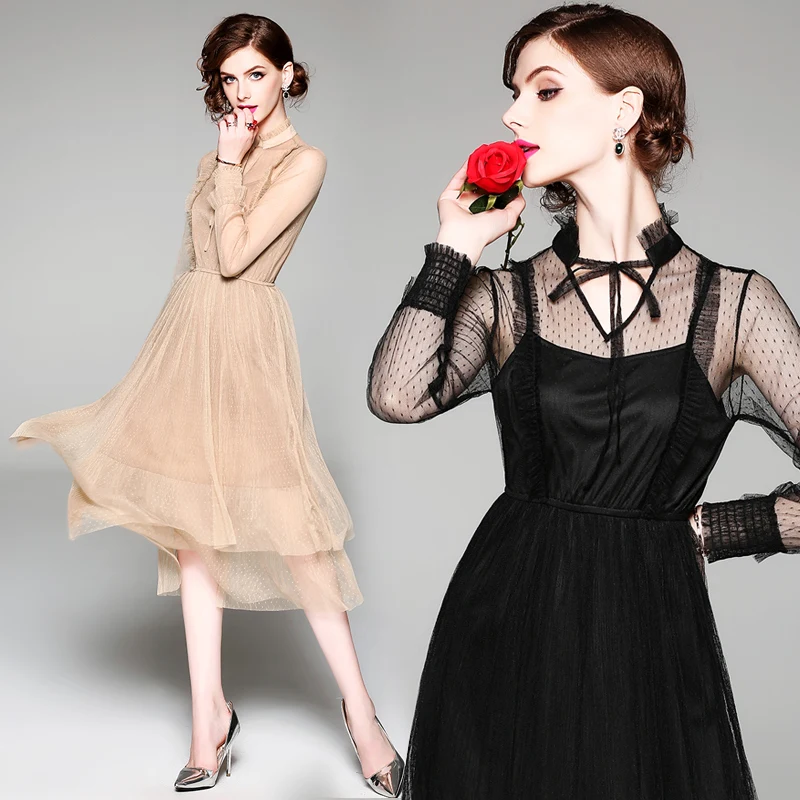 Solid Black Apricot Women Summer Mesh Long Sleeve Dress Female Elegant