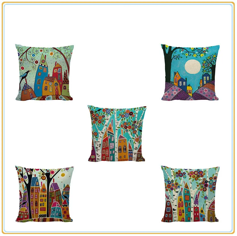 City Landscape Pattern Cushion Cover Cute Bird Colorful Trees Flowers Letter Cup Books Moon Trophy Simple Style Home Decoration | Дом и сад