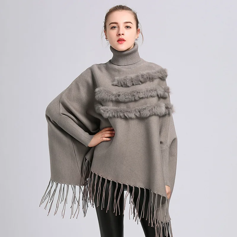 Женское Осеннее пончо с высоким воротником и натуральным кроличьим мехом