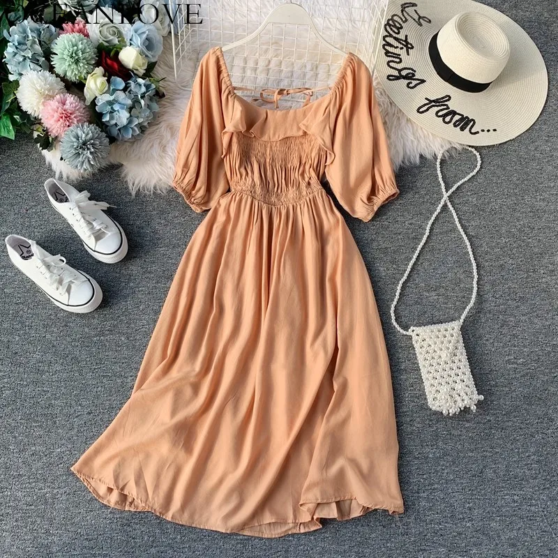 

OCEANLOVE Solid Party Dress Ruffles Square Collar Vintage Women Long Dresses 2019 Summer Short Sleeve A-line Vestidos 12422