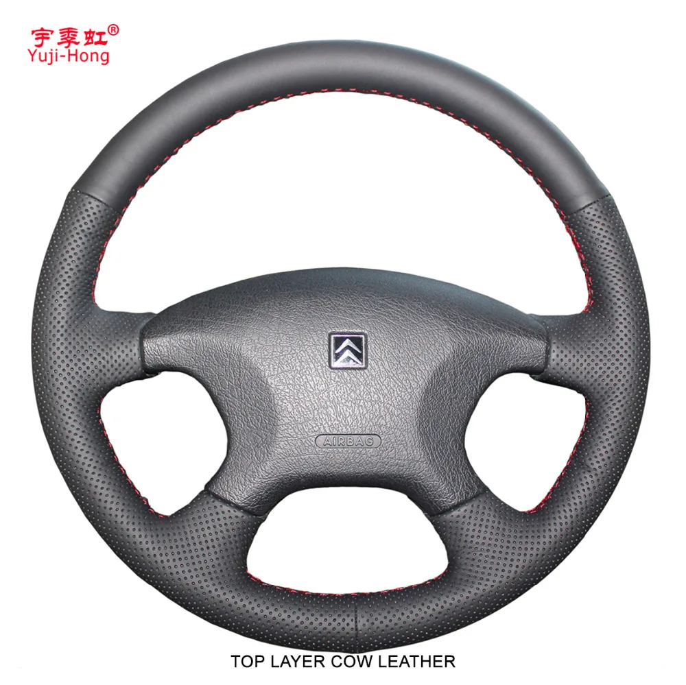 

Yuji-Hong Top Layer Genuine Cow Leather Car Steering Wheel Covers Case for Citroen C-Elysee 2004-2013 Hand-stitched Cover