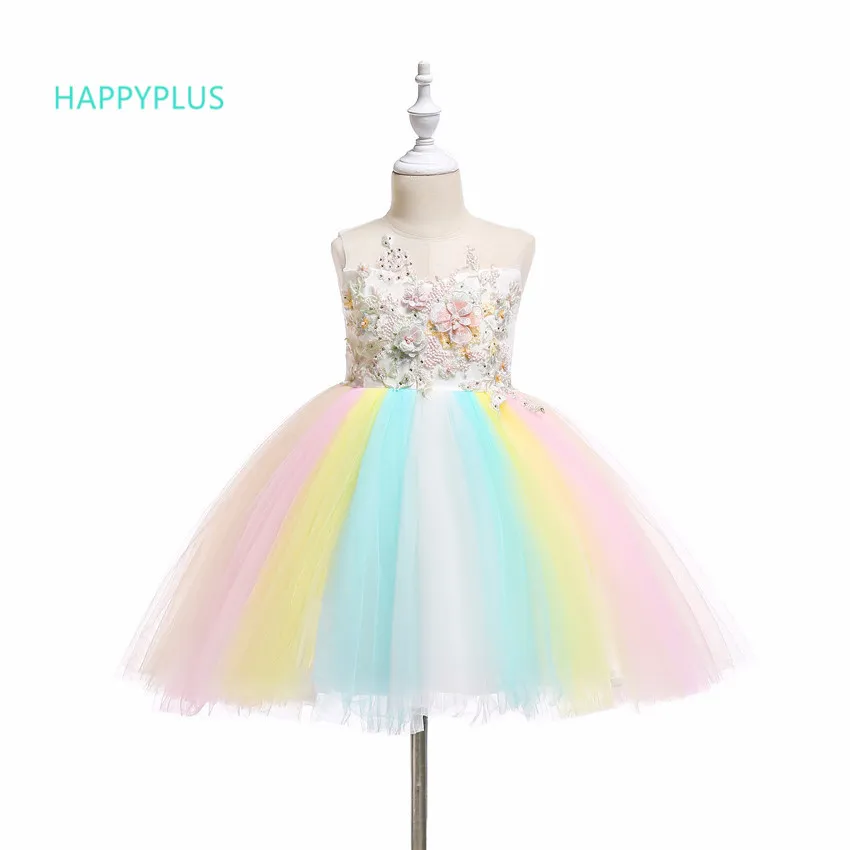 HAPPYPLUS/радужные платья для девочек вечерние платья принцессы с цветочным рисунком платье для девочек на год и день рождения для подростков 4, 5, 6, 7, 8, 9, 10, 11, 12 лет