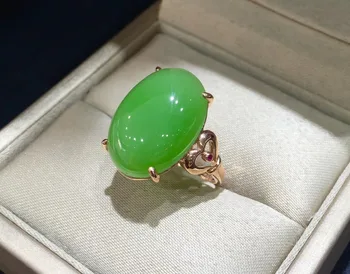

18K rose gold with diamond inlaid top old pit apple green Hetian jasper ring j01#