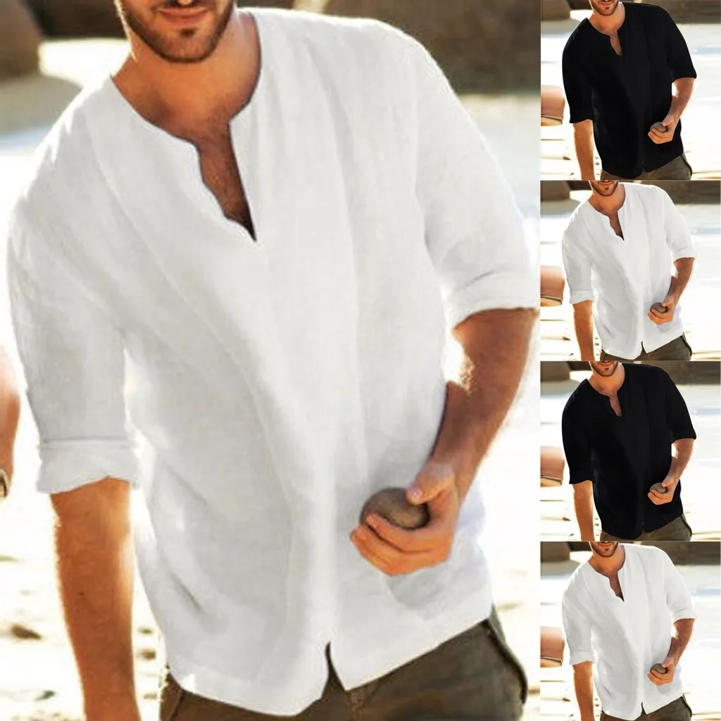 Feitong, мужские летние блузки, мешковатые пляжные Гавайские хлопковые льняные одноцветные рубашки с рукавом 3/4 и v-образным вырезом, Белые Рубашки, Топы