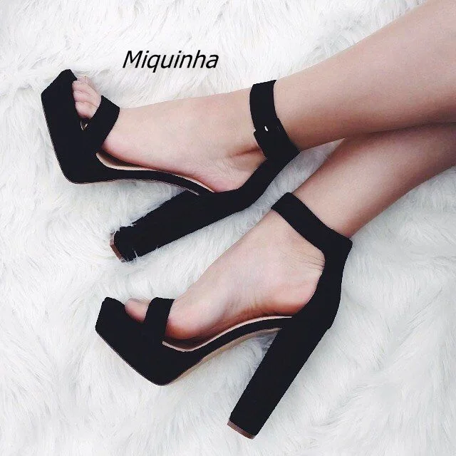 

Chic Black Buckle Style Block Heel Platform Sandals Pretty Black Suede Open Toe Chunky Heel Dress Shoes Concise Style Sandals