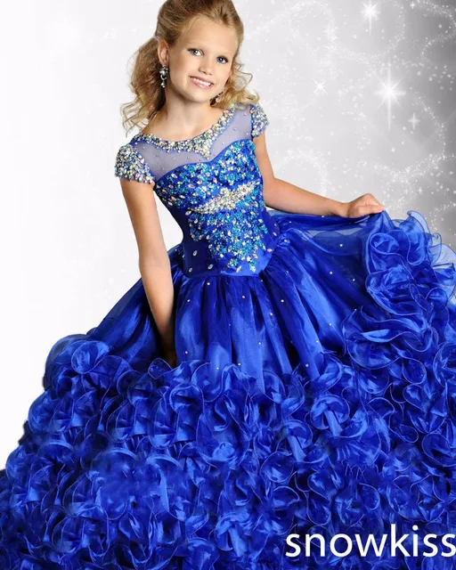 Cheap Charming blue/pink Sparkly beaded crystals sheer neck pageant dresses for girls glitz gorgeous party lace up prom ball gowns