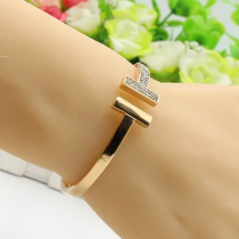 Luxurious Women Double T Bracelet Bangles Gold Color Copper Adjustable Size Bangle Crystal Pulseira Feminina Simulation Jewelry