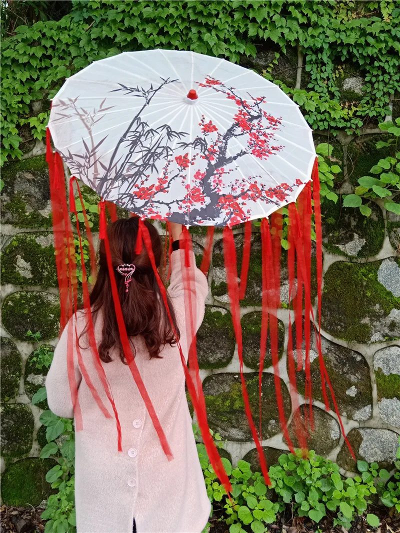 Реквизит зонтик для женщин лента кисточки древний костюм зонтик Cheongsam Hanfu шоу Зонтик Классический шелковый танец зонтик