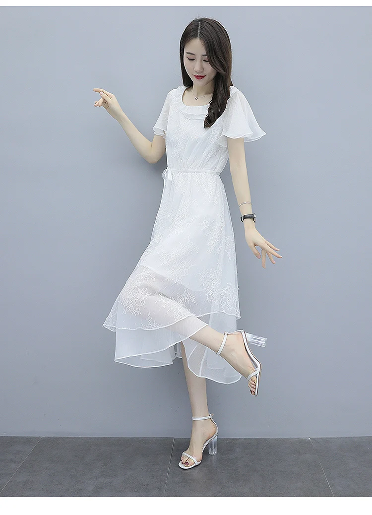 Женское платье для офиса, корейское элегантное шифоновое длинное платье с оборками в стиле ретро, кружевное Макси ТРАПЕЦИЕВИДНОЕ женское платье, женские платья