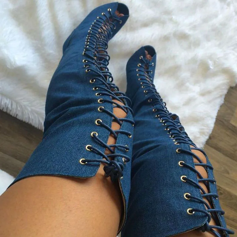 Up Botines 45 Talon Longues Blue Hot Sur Grande Toe Taille Tissu Chaussures Dark light Peep Dentelle Réglable Bottes Genou Cowboy Sexy Blue Haute Denim Cuisse Mince qz1qA7xTaw