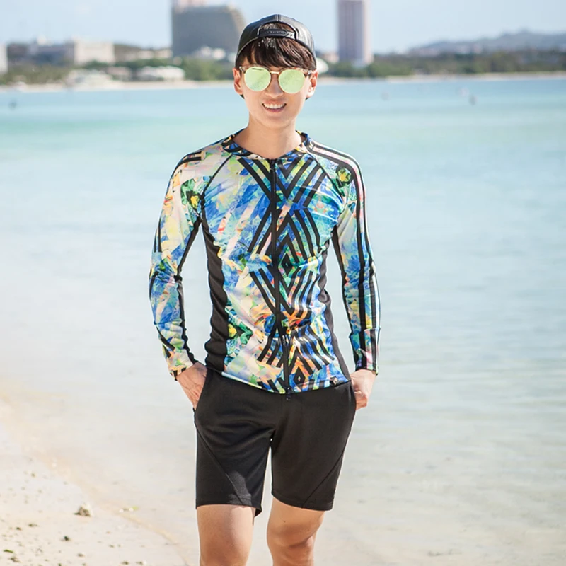 2017 أحدث طويلة الأكمام الشاطئ ملابس طفح الحرس الصيف رجالي بدلة ركوب الأمواج اثنين قطعة الذكور ملابس السباحة