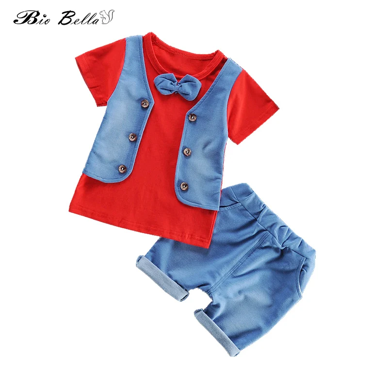 

Baby Boys Summer Clothes Children Clothing Set for Boy Short Sleeve Bow Tie Shirts+Short Jeans Cool Denim Shorts Boys Suit