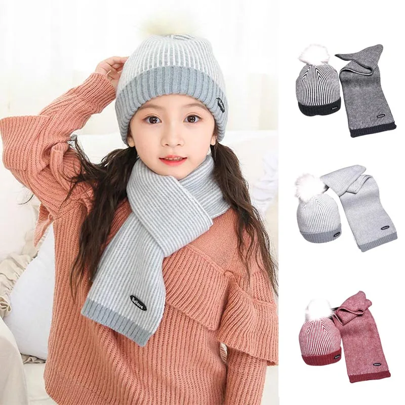 Детская шапка, шапка, шарф, комплект, сохраняющий тепло, модная, в полоску, дышащая, для зимы, FC55