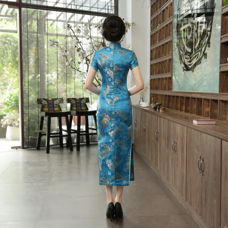 Новые синие Сельма атлас Cheongsam Винтаж ручной работы кнопку китайский женский Qipao летние шорты рукавом Новинка длинное платье XXXL C0136-B