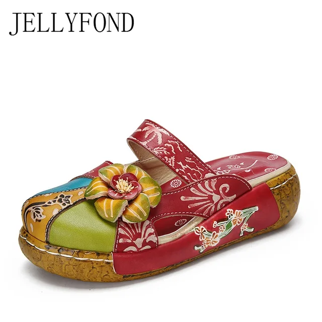 JELLYFOND Handmade Slides Genuine Leather Flower Women Slippers Platform Wedge Clog Flip Flops Summer Shoes Woman Plus Size 42