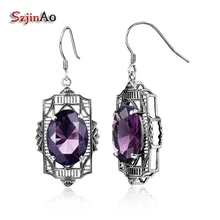 Szjinao Настоящее серебро 925 античные серебряные серьги Овальные Amthyst ручной работы Модные женские ювелирные изделия Висячие Винтажные серьги