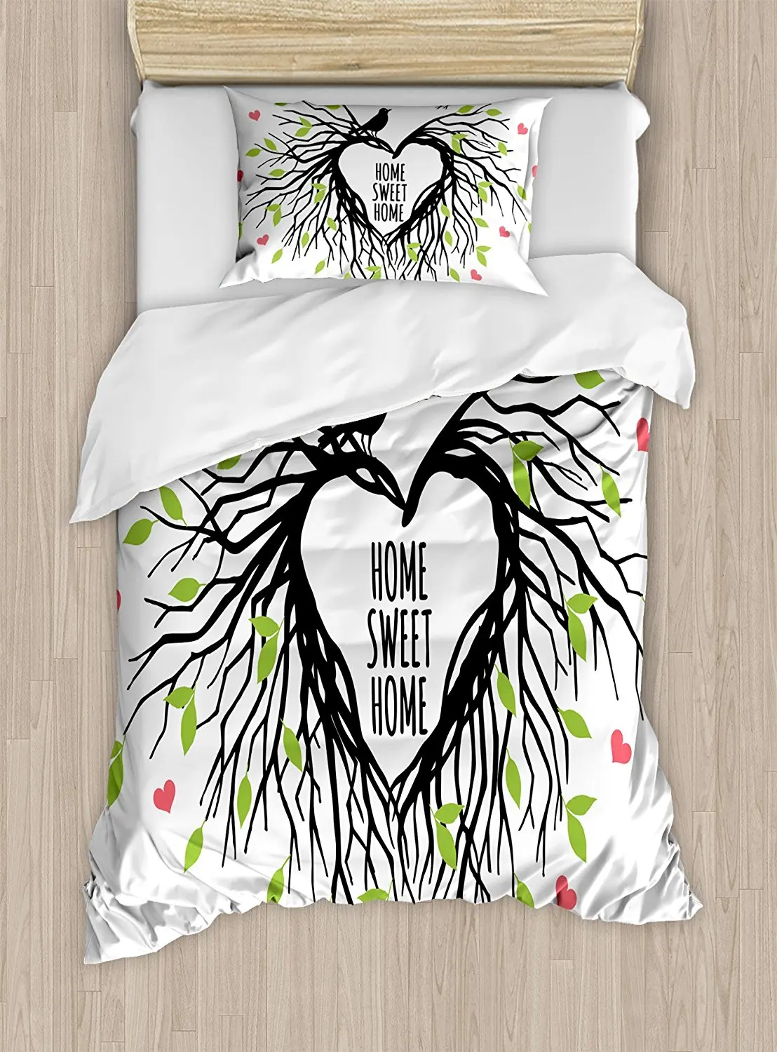 

Tree of Life Duvet Cover Set Heart Shaped Bird Nest Sweet Home Quote Hope Family Partners in Nature Bedding Set Black Green Pink