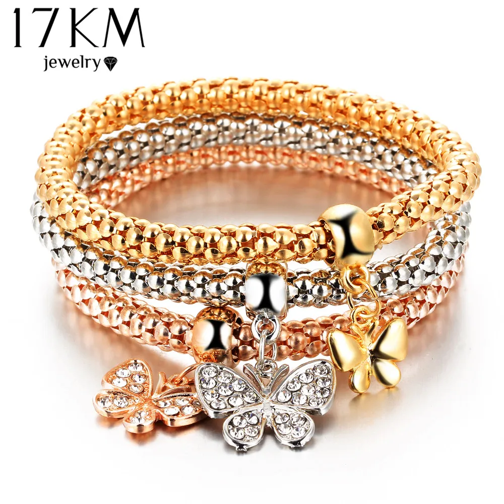 17KM 2016 hOT 3 PCS/Set Crystal Butterful Bracelet & Bangle Elastic Heart Bracelets For Women pulseira masculina 